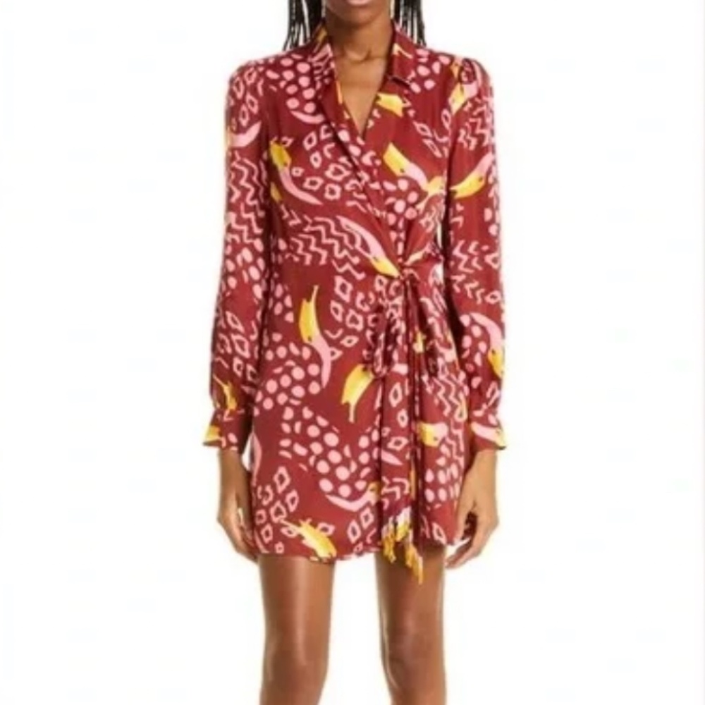 Farm Rio Red Toucanissimo Long Sleeve Print Wrap Dress Size S